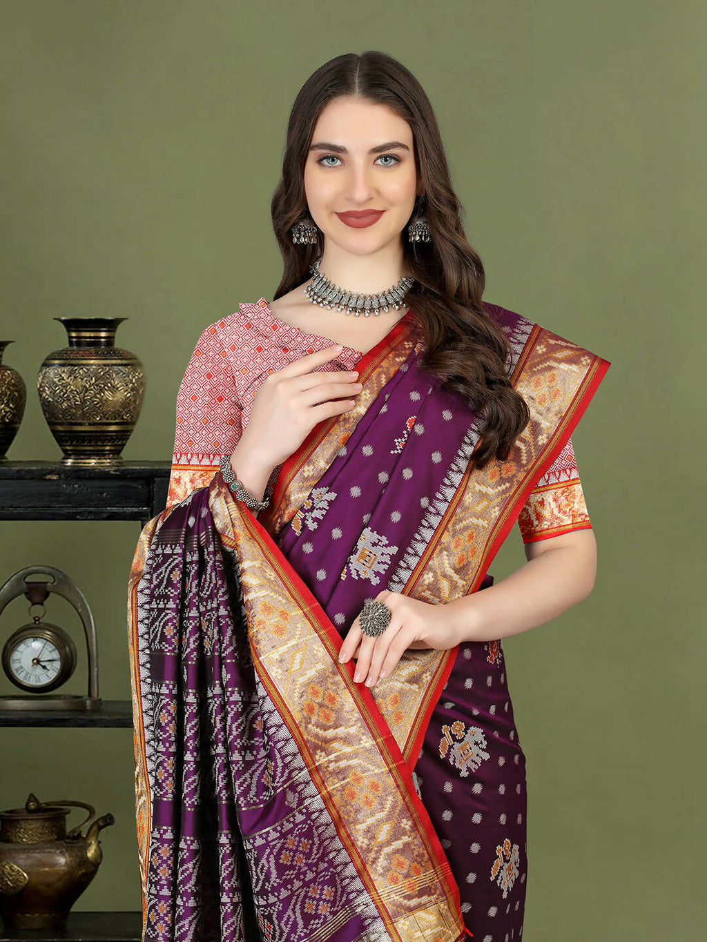 Lorenvalley Fashion Purple Patola Silk Woven Design Zari Meenakari Weaving Saree | Grocsy