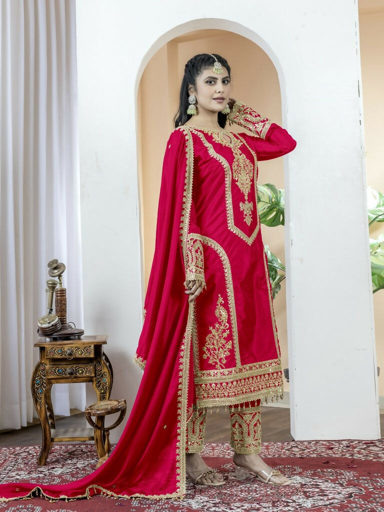 Teeya Creation Red Color Chinnon Silk Embroidery Work Fully Stitched Salwar Suit | Grocsy