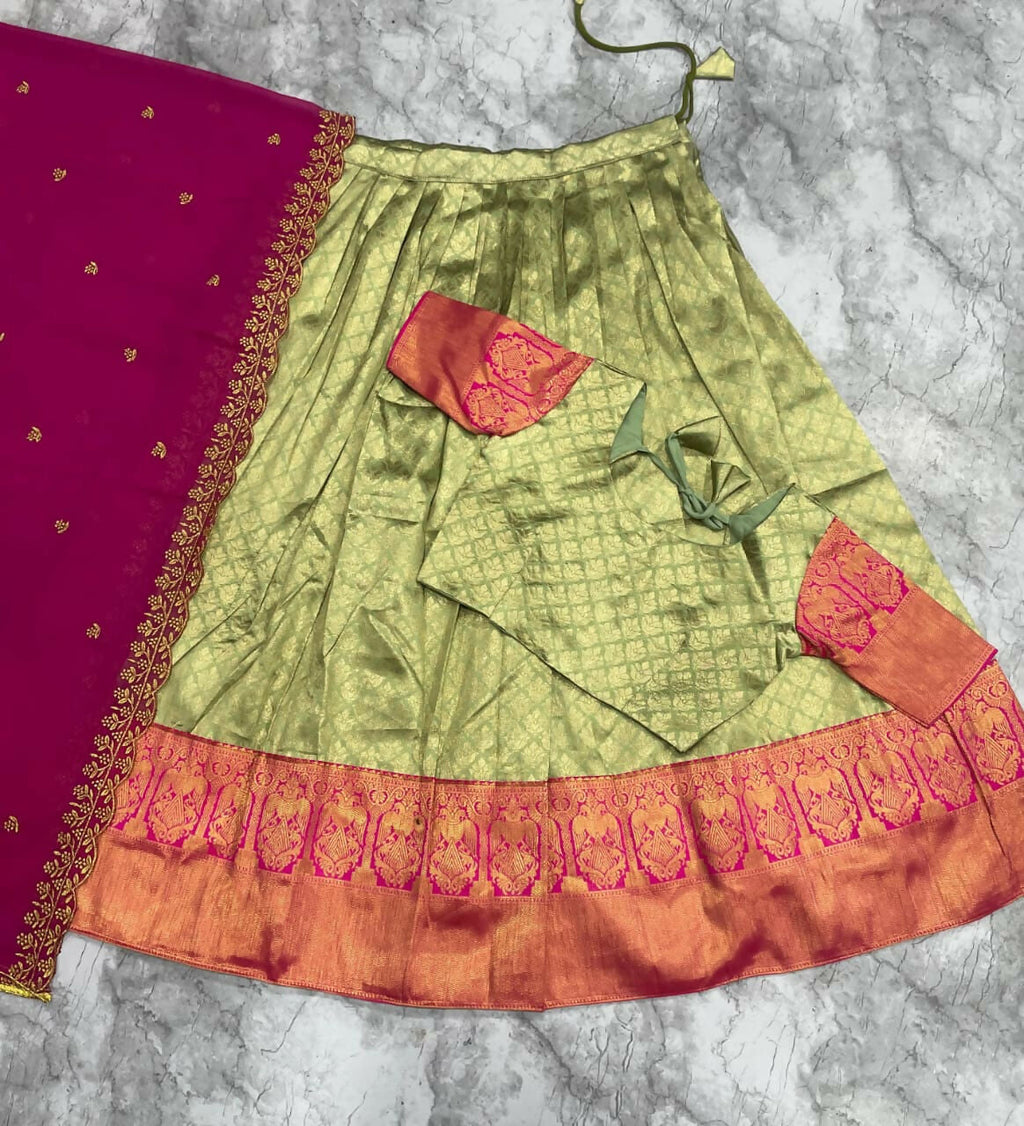 Teeya Creation Pista Green Jacquard Silk Traditional Lehenga Choli with Deep Magenta Dupatta | Grocsy