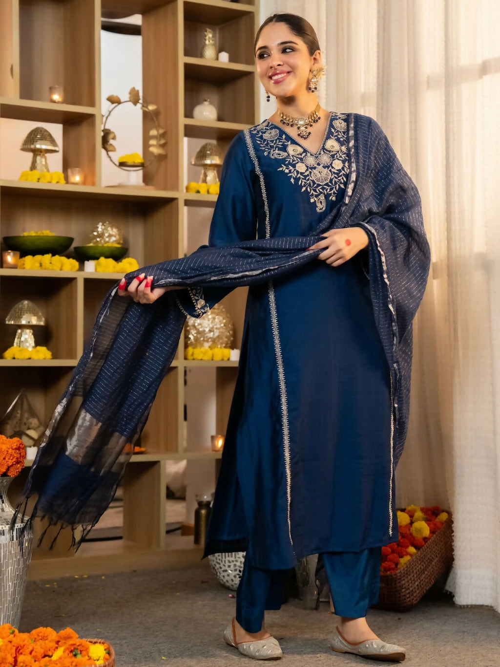 The52 Women's Beautiful Viscose Silk Fabric Embroidery Work A-Line Kurta Pant and Dupatta Set | Grocsy