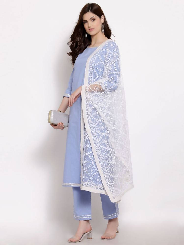 Myshka Beautiful Women's Blue Cotton 3/4 Sleeve Round Neck Solid Casual Kurta Pant Dupatta Set | Grocsy