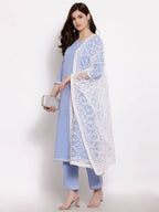Myshka Beautiful Women's Blue Cotton 3/4 Sleeve Round Neck Solid Casual Kurta Pant Dupatta Set | Grocsy