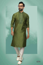 Raivat Ethnic Art Silk Mirror Embroidery Work Kurta Pajama In Green Colour | Grocsy