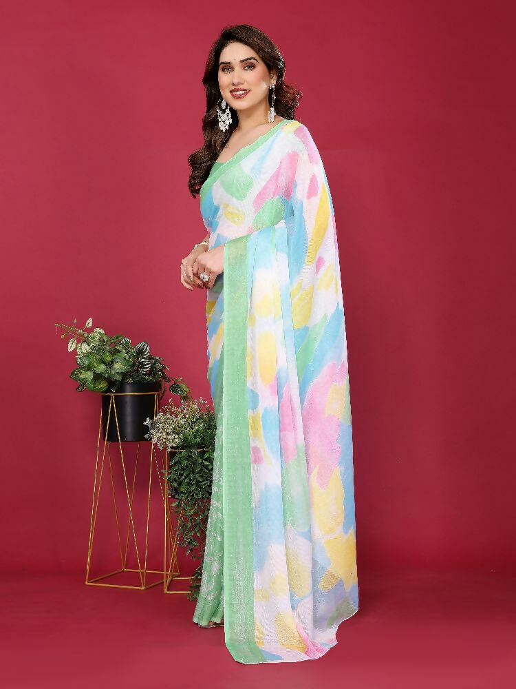 PR Fashion Pista Moss Chiffon Printed Saree | Grocsy