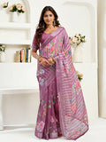 Joban Fashion Dusty Wine Floral & Striped Linen Ready To Wear Saree With Unstitched Blouse | Grocsy