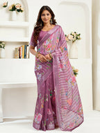 Joban Fashion Dusty Wine Floral & Striped Linen Ready To Wear Saree With Unstitched Blouse | Grocsy