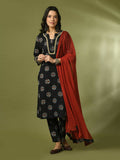 Myshka Women's Black Printed Cotton Straight Party Kurta Set With Dupatta | Grocsy