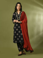 Myshka Women's Black Printed Cotton Straight Party Kurta Set With Dupatta | Grocsy