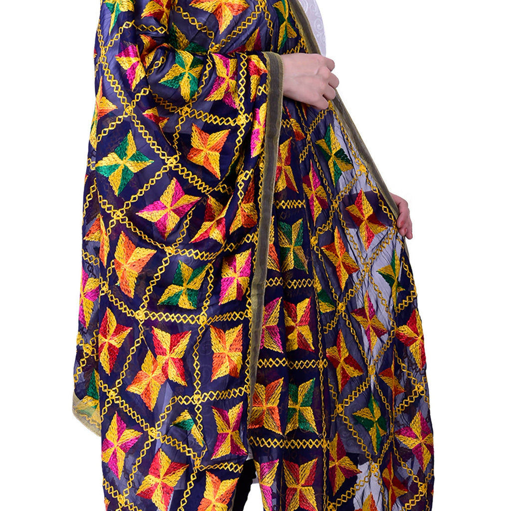 SWI Stylish Women's Embroidered Phulkari Chiffon Navy Blue Dupatta | Grocsy