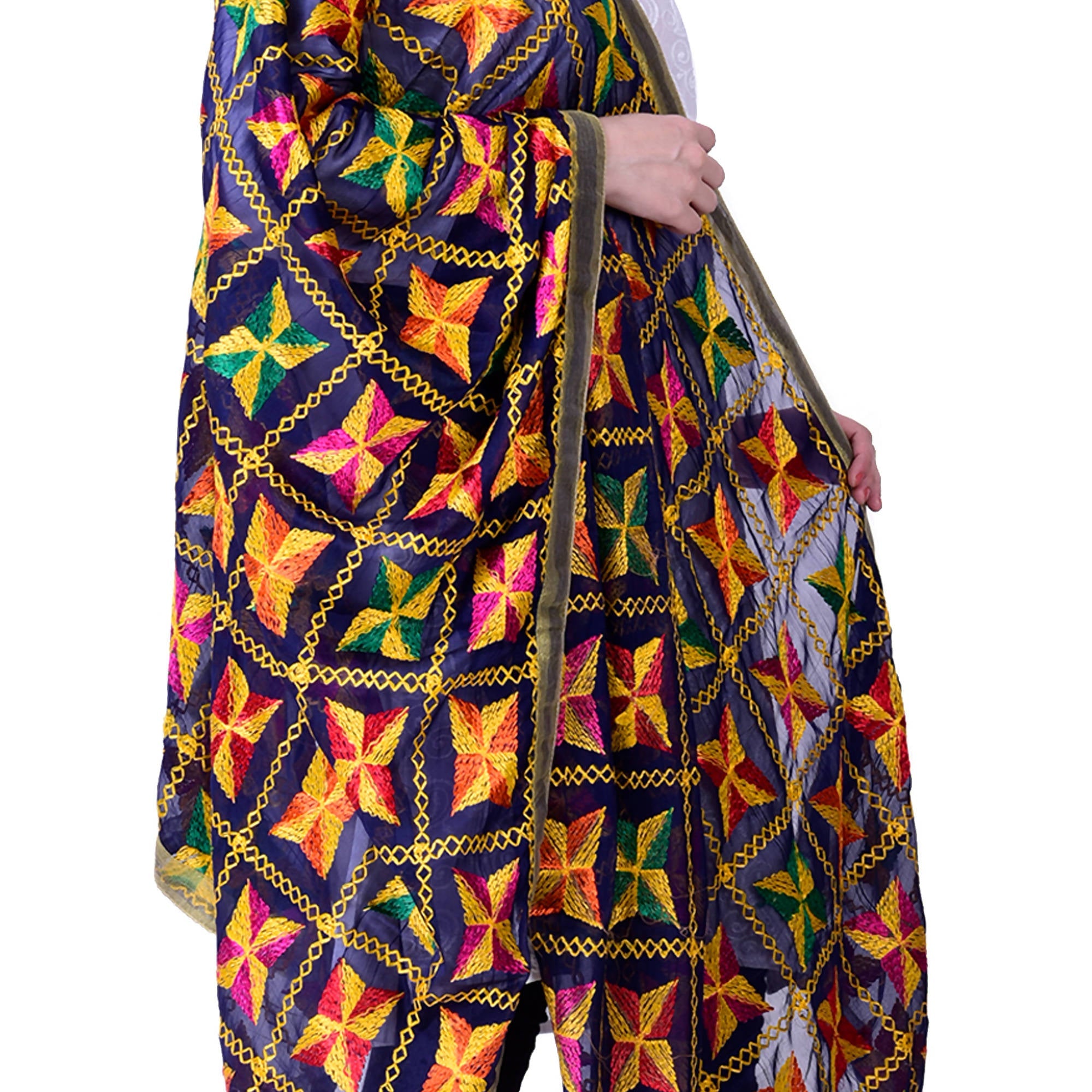 SWI Stylish Women's Embroidered Phulkari Chiffon Navy Blue Dupatta | Grocsy