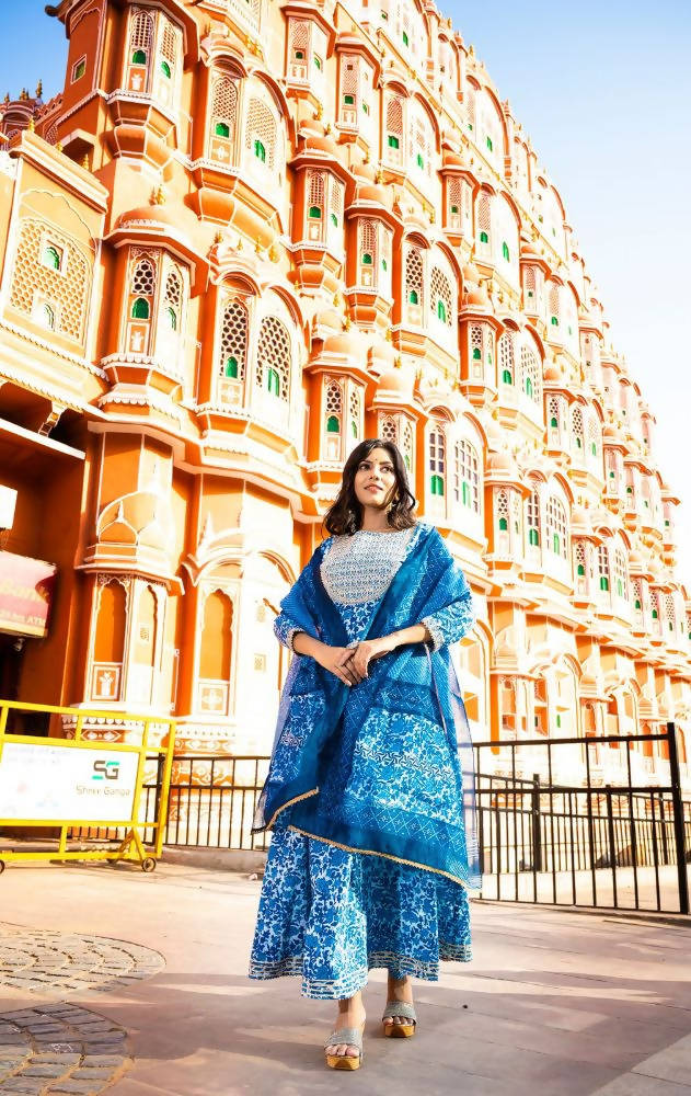 Yufta Women Blue Printed Pure Cotton Anarkali Kurta with Trouser & With Dupatta | Grocsy