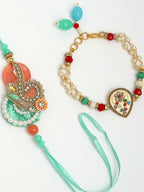 NVR Women & Men Set of 2 Multicolor Stone-Studded & Beaded Bhaiya Bhabhi Rakhi With Roli Chawal | Grocsy