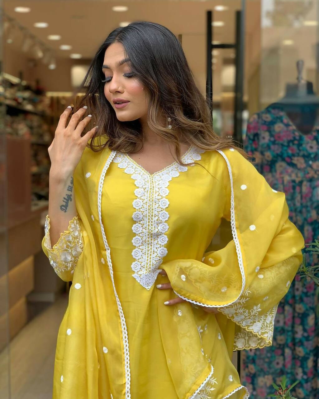 The52 Yellow Women's Gorgeous Embroidered Georgette Fabric Straight Kurta Pant with Dupatta Set | Grocsy