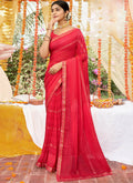 Red Georgette Foil Printed Saree with Unstitched Blouse Piece - Avika | Grocsy