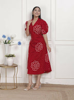 Miravan Womens Red Bandhani Printed Collar Neck Maxi Dress | Grocsy