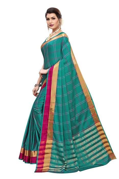 Vamika Rama Cotton Silk Weaving Saree (Rimi Checks Rama) | Grocsy