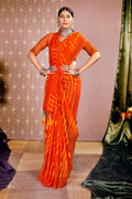 Orange Chiffon Leheriya Printed Saree With Unstitched Blouse Piece - Shanaya | Grocsy