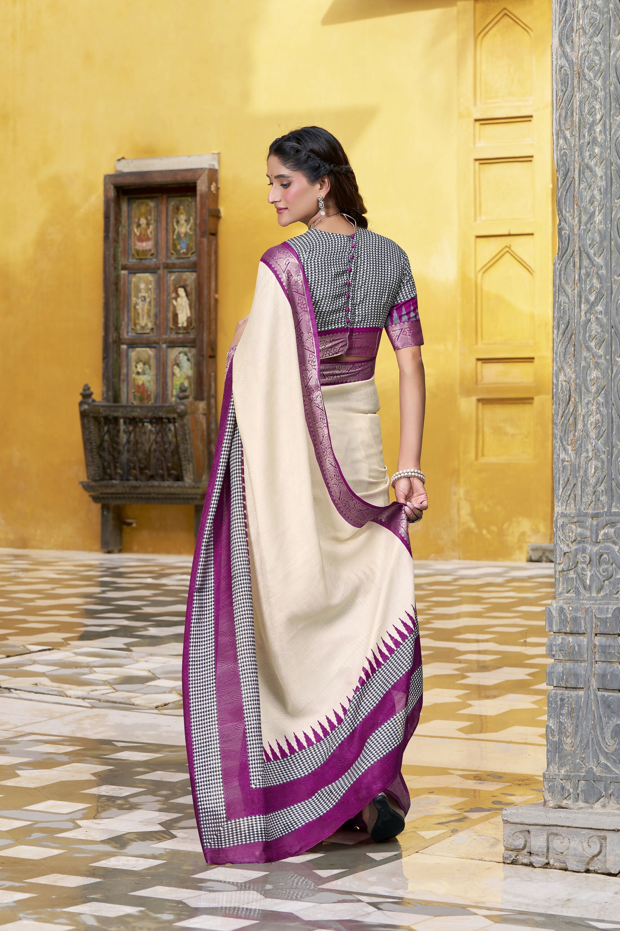 Vastranavya Off White Printed with Zari Weaving Work Poly Cotton Saree & Unstitched Blouse | Grocsy