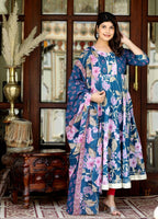 Miravan Women's Flower Printed Blue Anarkali Kurta And Dupatta | Grocsy