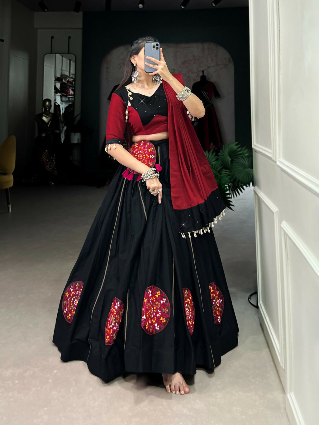 Vastranavya Navaratri Special Pure Cotton Gamthi Patch Work With Gota Patti Touch Up Lehenga Stitched Choli - Black | Grocsy