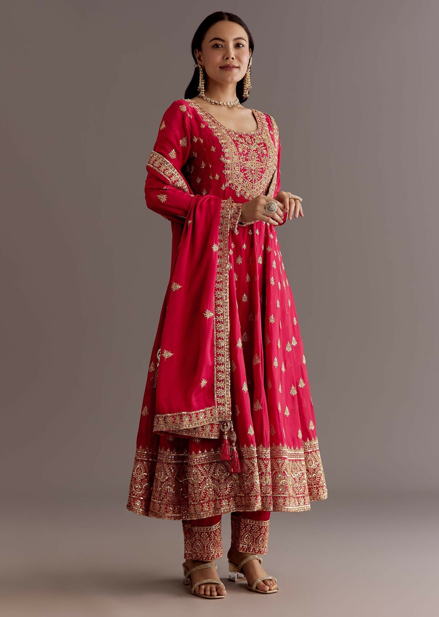 Teeya Creation Red Color Chinnon Silk Embroidery Work Gown | Grocsy