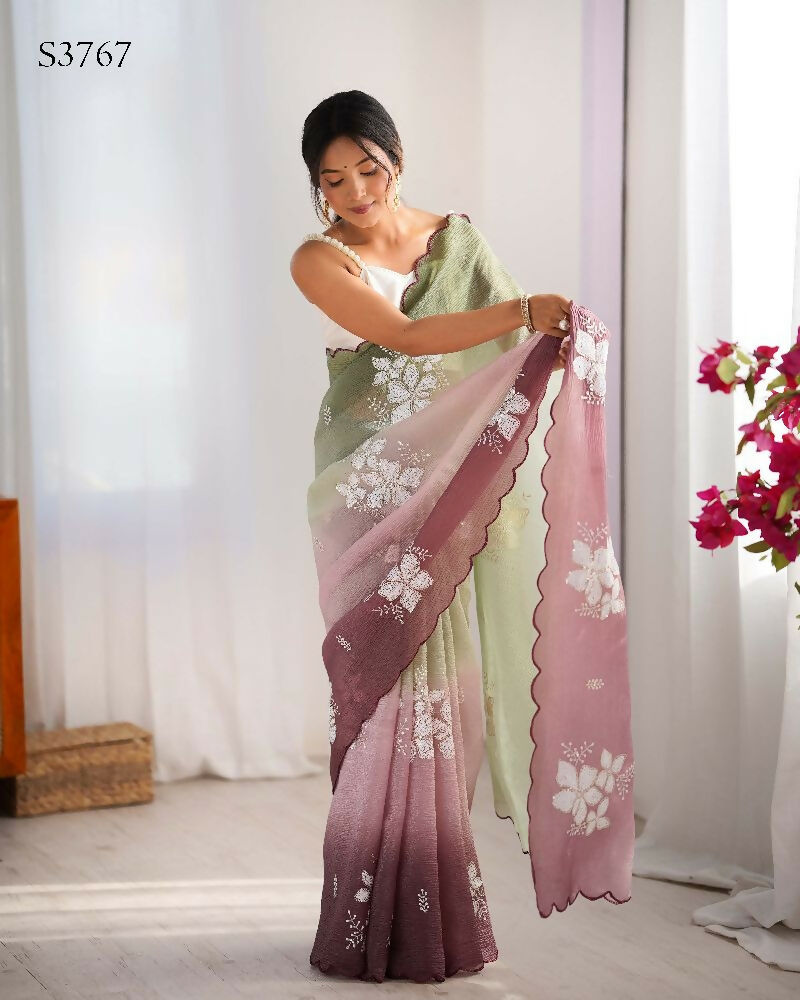 Pista and Wine Crunchy Crush Pedding Color Embroidery Work Party Wear Saree - Zuleika | Grocsy