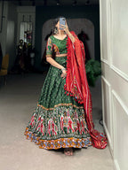 Vastranavya Navaratri Special Dola Silk Patola Print With Gamthi Work Lace Border Lehenga with Stitched Blouse - Green | Grocsy