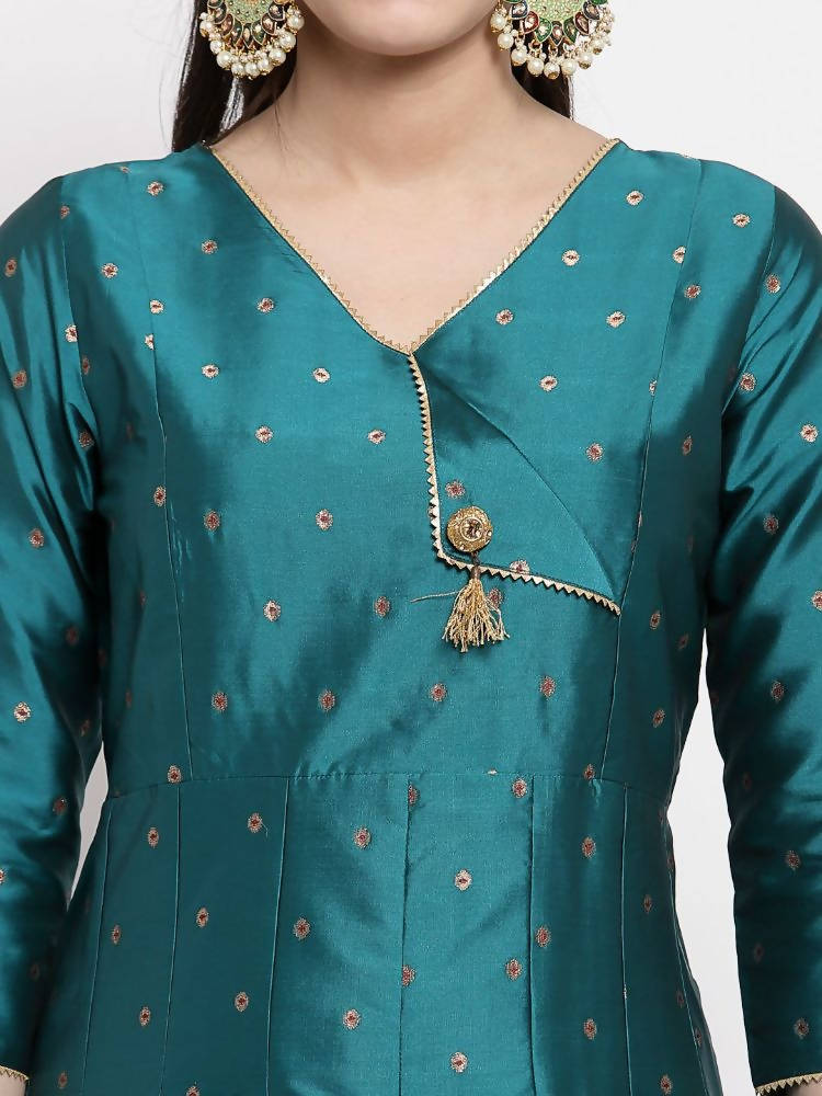 Myshka Women's Green Silk Solid 3/4 Sleeve V Neck Casual Anarkali Kurta Dupatta Set | Grocsy