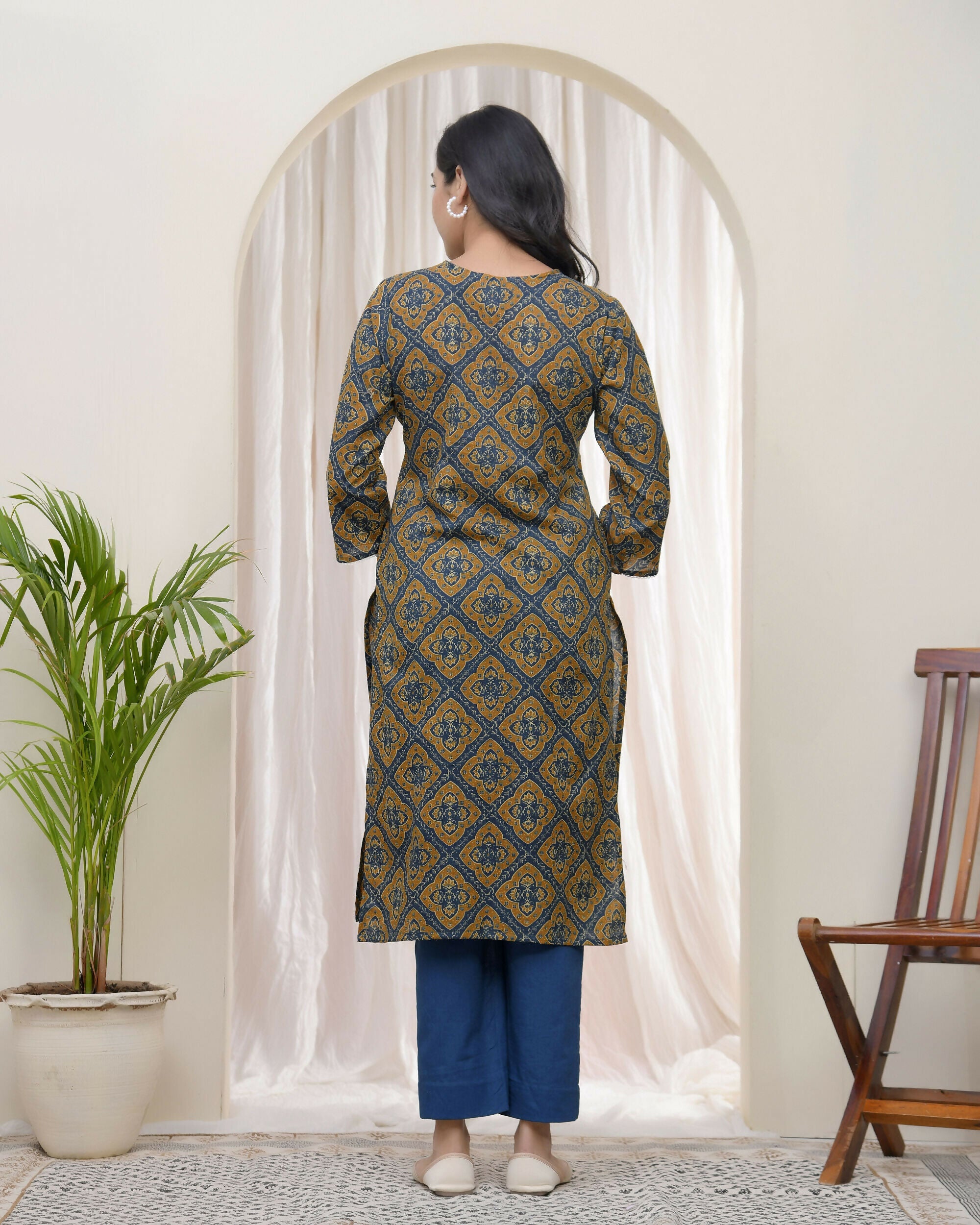 Vaasva Blue Ajrakh Cotton Printed Gathered Kurti With Pant | Grocsy