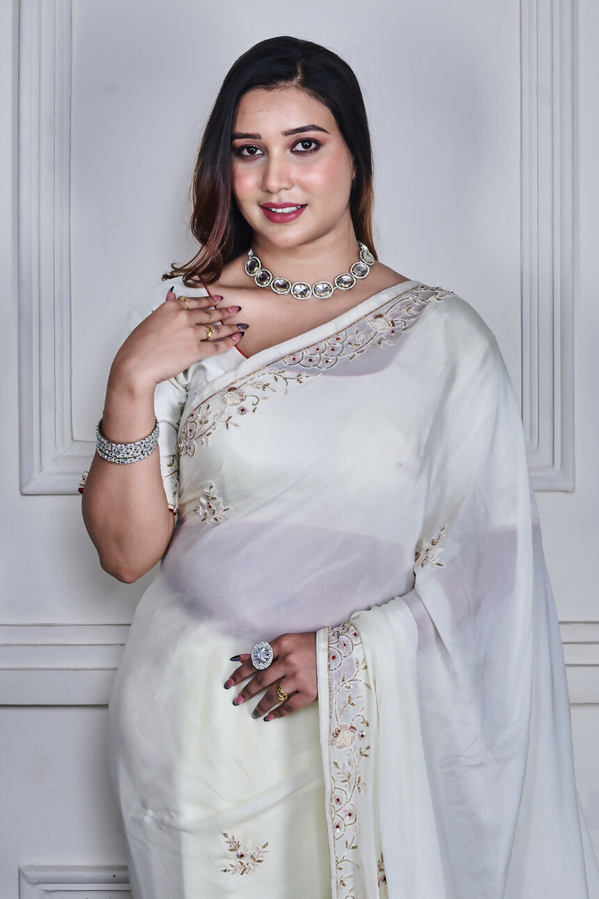 Morchari Off White Chiffon Hand Embroidery Saree Stitched Blouse | Grocsy
