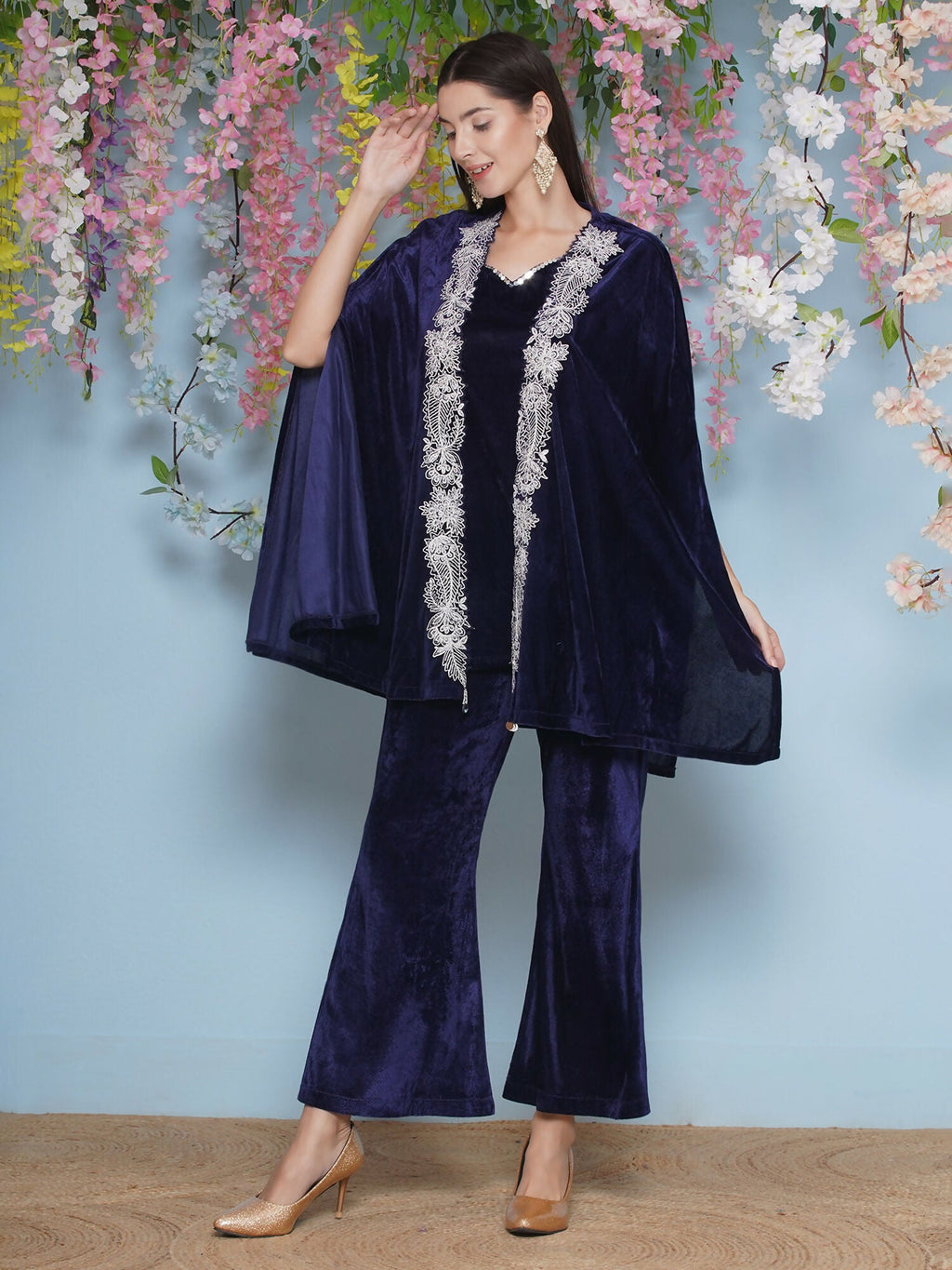 Joban Fashion Navy Blue Velvet Cape Set | Grocsy