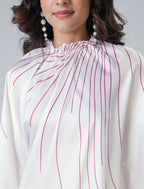 Vastranavya White Retro Wavy Polka Stripes Freehand Ready to Wear Saree | Grocsy