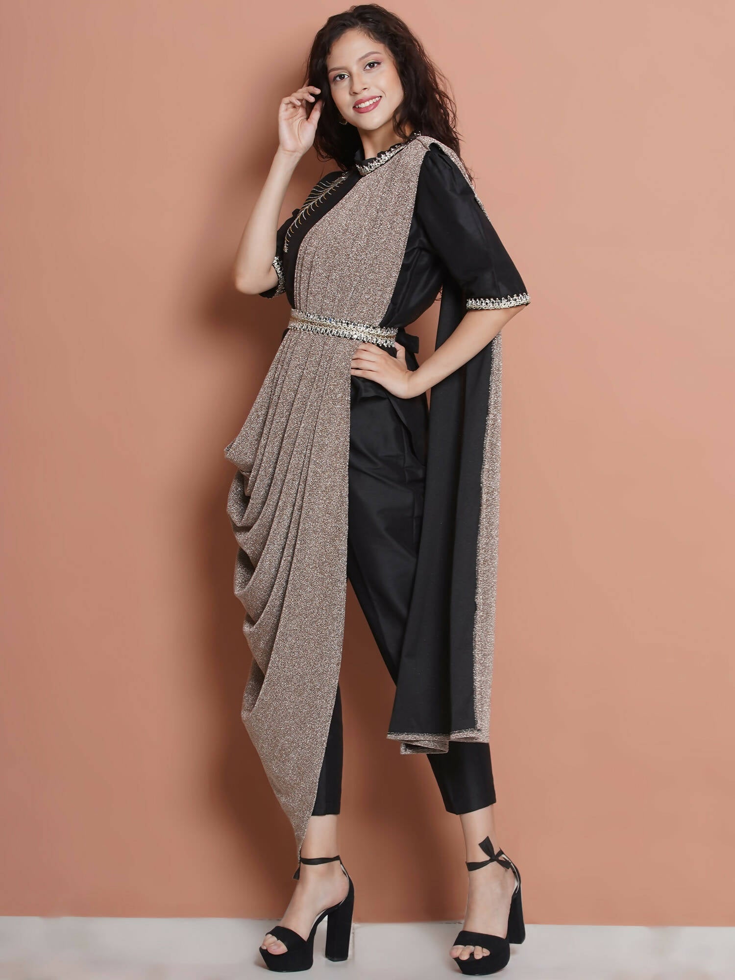 Women Republic Black Cotton Blended Set with Attached Drape | Grocsy