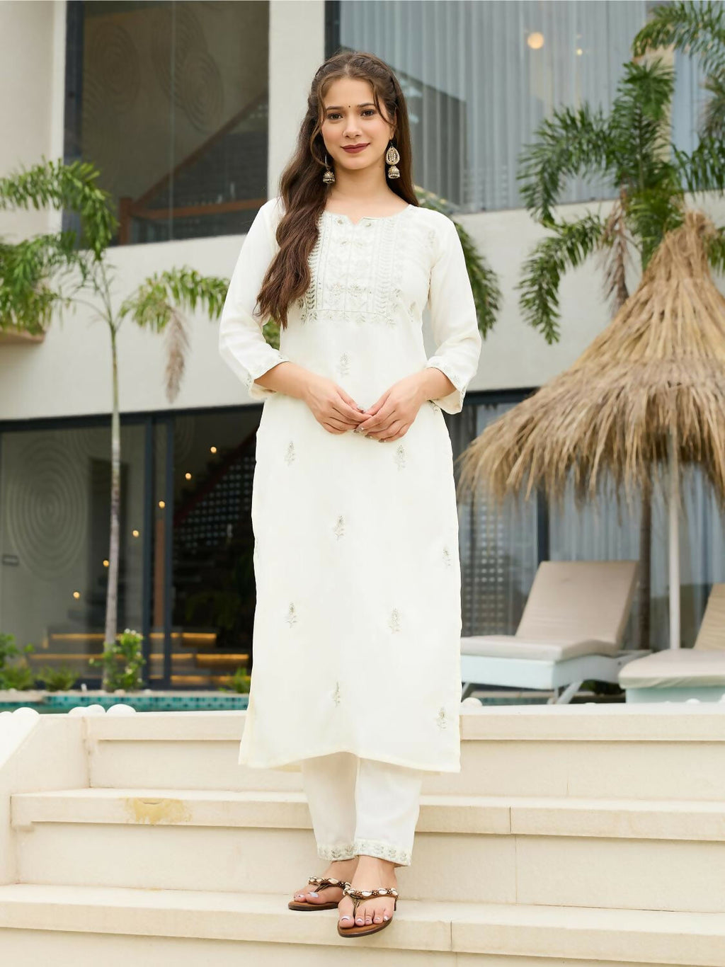 The52 White Women's Beautiful Rayon Slub Fabric Embroidered Work Straight Kurta, Pant and Dupatta Set | Grocsy