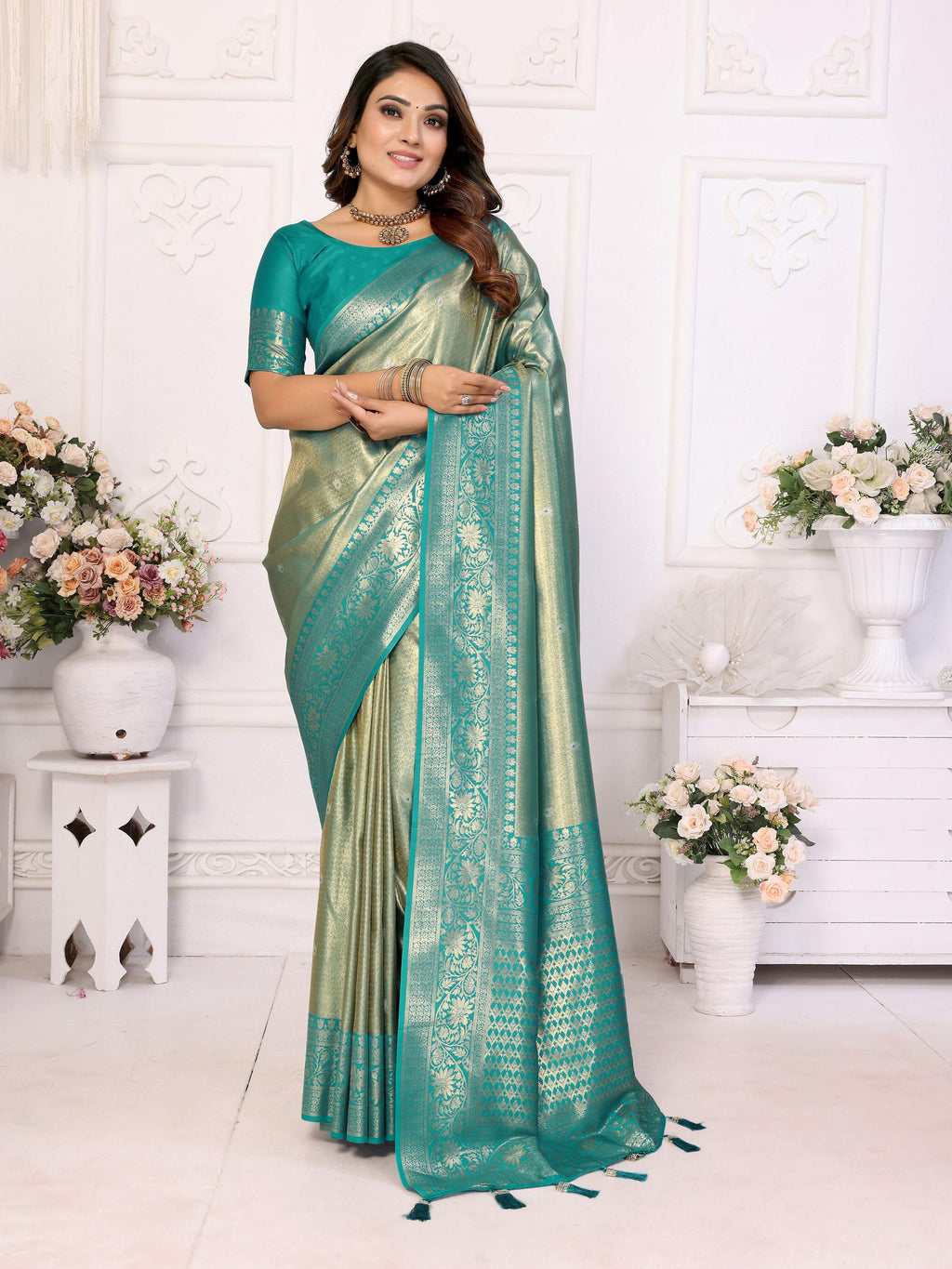 Aastha Fashion Sea Green Tissue Silk Weaving Saree | Grocsy