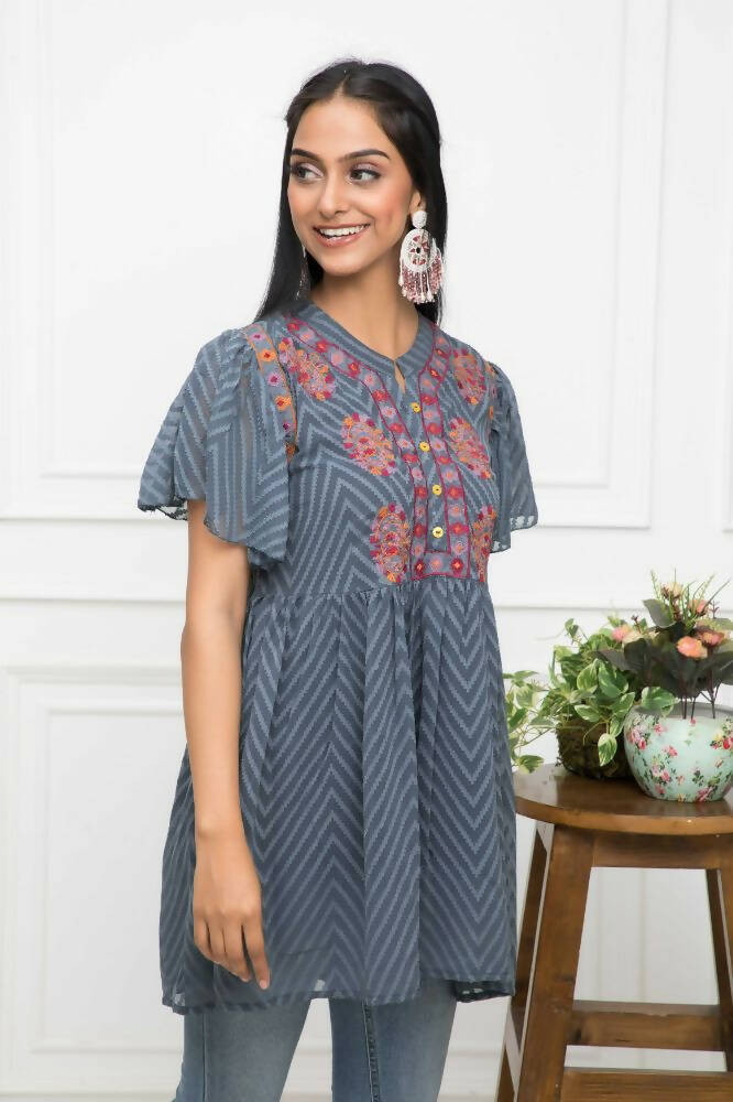 Myshka Women Solid V-Neck Flared Sleeves Synthetic Georgette Grey Top | Grocsy