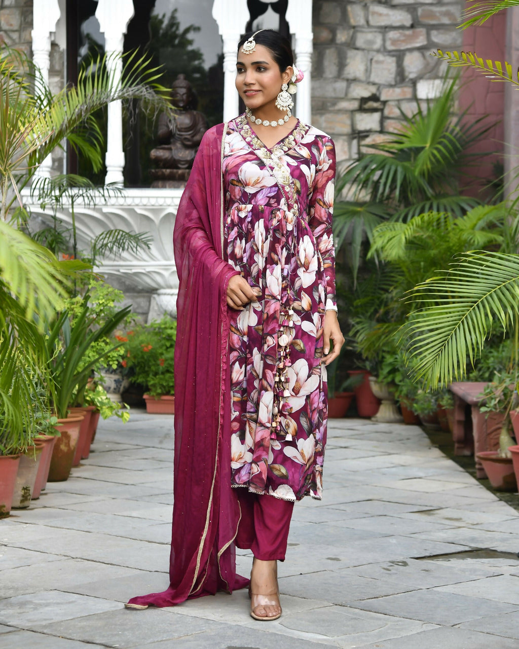 Vaasva Women's Chinon Emboidered Angrakha Anarkali Set With Solid Pant & Solid Embroidered Dupatta | Grocsy