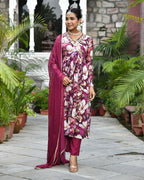 Vaasva Women's Chinon Emboidered Angrakha Anarkali Set With Solid Pant & Solid Embroidered Dupatta | Grocsy