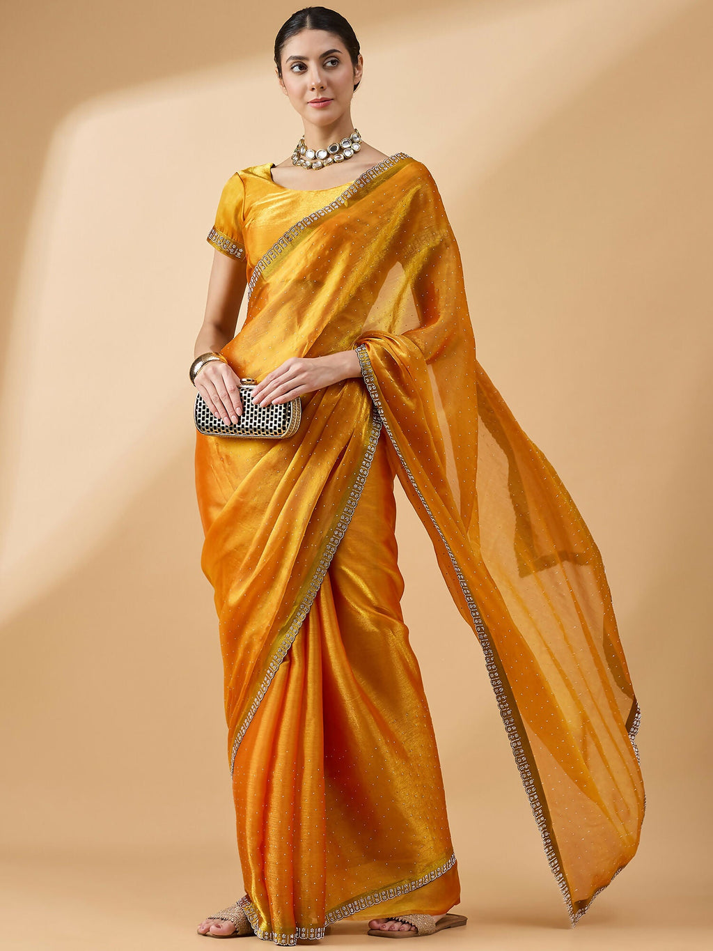 Mustard Organza Swaroski Diamond Work Saree with Unstitched Blouse - Radha | Grocsy