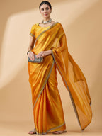Mustard Organza Swaroski Diamond Work Saree with Unstitched Blouse - Radha | Grocsy