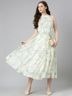 Souchii Cream & Blue Floral Chiffon Maxi Dress | Grocsy