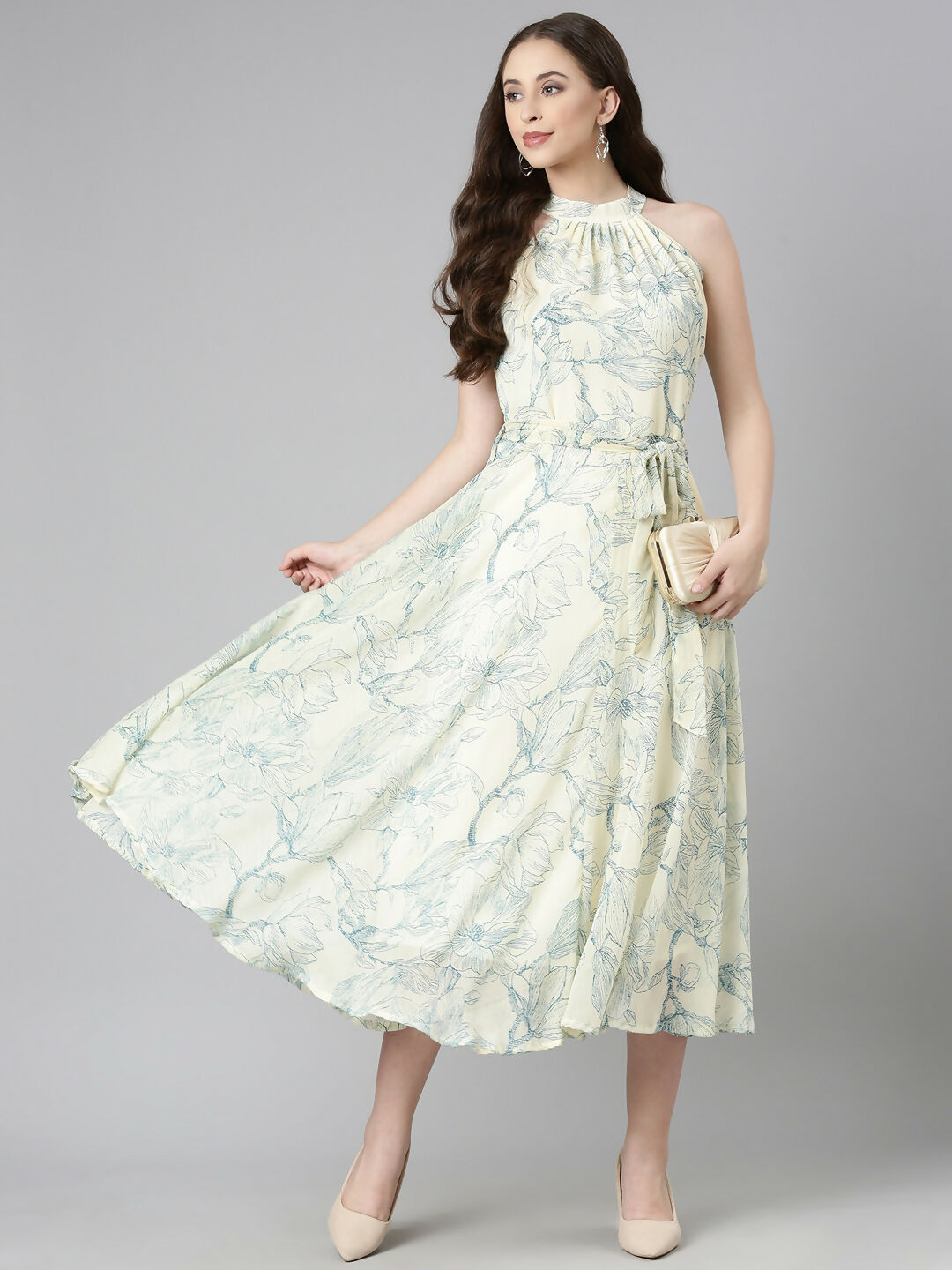 Souchii Cream & Blue Floral Chiffon Maxi Dress | Grocsy