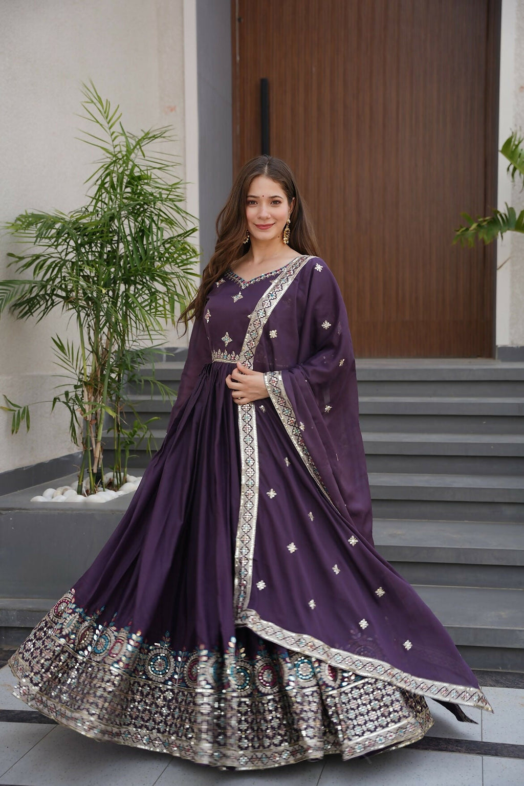 Teeya Creation Violet Color Pure Diamond Silk Wedding Wear Long Gown | Grocsy