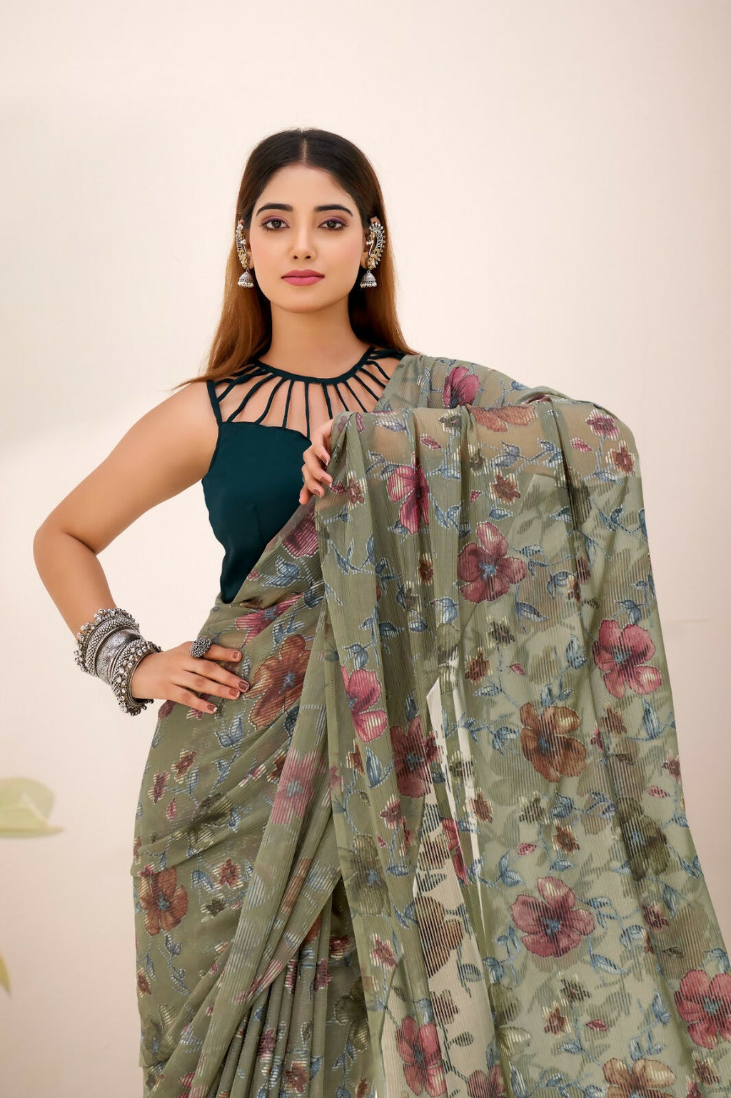 Vastranavya Mehendi Lurex Brasso Floral Printed Saree with Unstitched Blouse | Grocsy