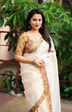 Yellow Pure Linen Ethnic Motifs Saree with Unstitched Blouse - A2M | Grocsy