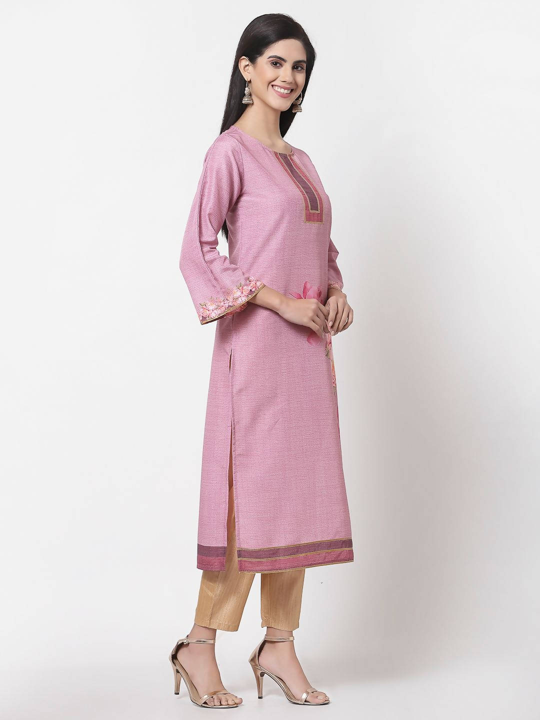 Myshka Pink Cotton Printed Full Sleeve Round Neck Casual Kurta | Grocsy