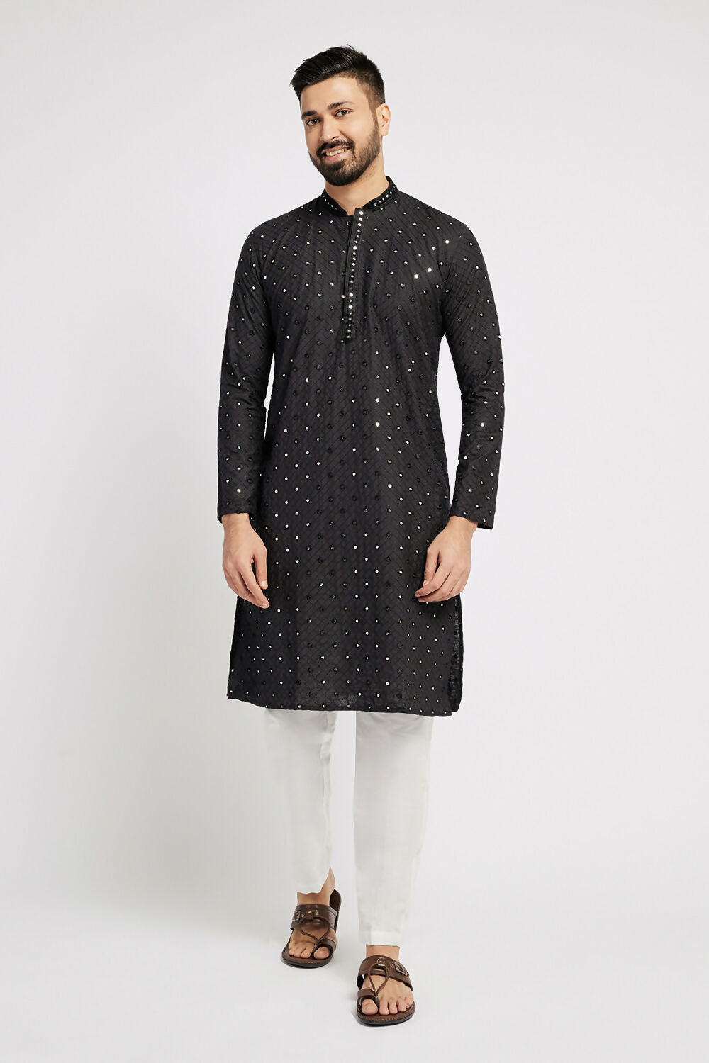 Ethnic India Black Men's Kurta Embellished Cotton | Grocsy