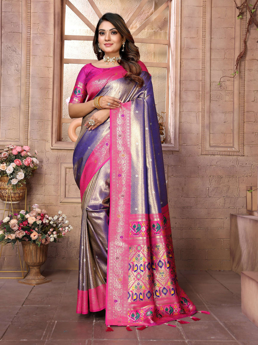 Aastha Fashion Purple Banarasi Tissue Silk Weaving Saree | Grocsy