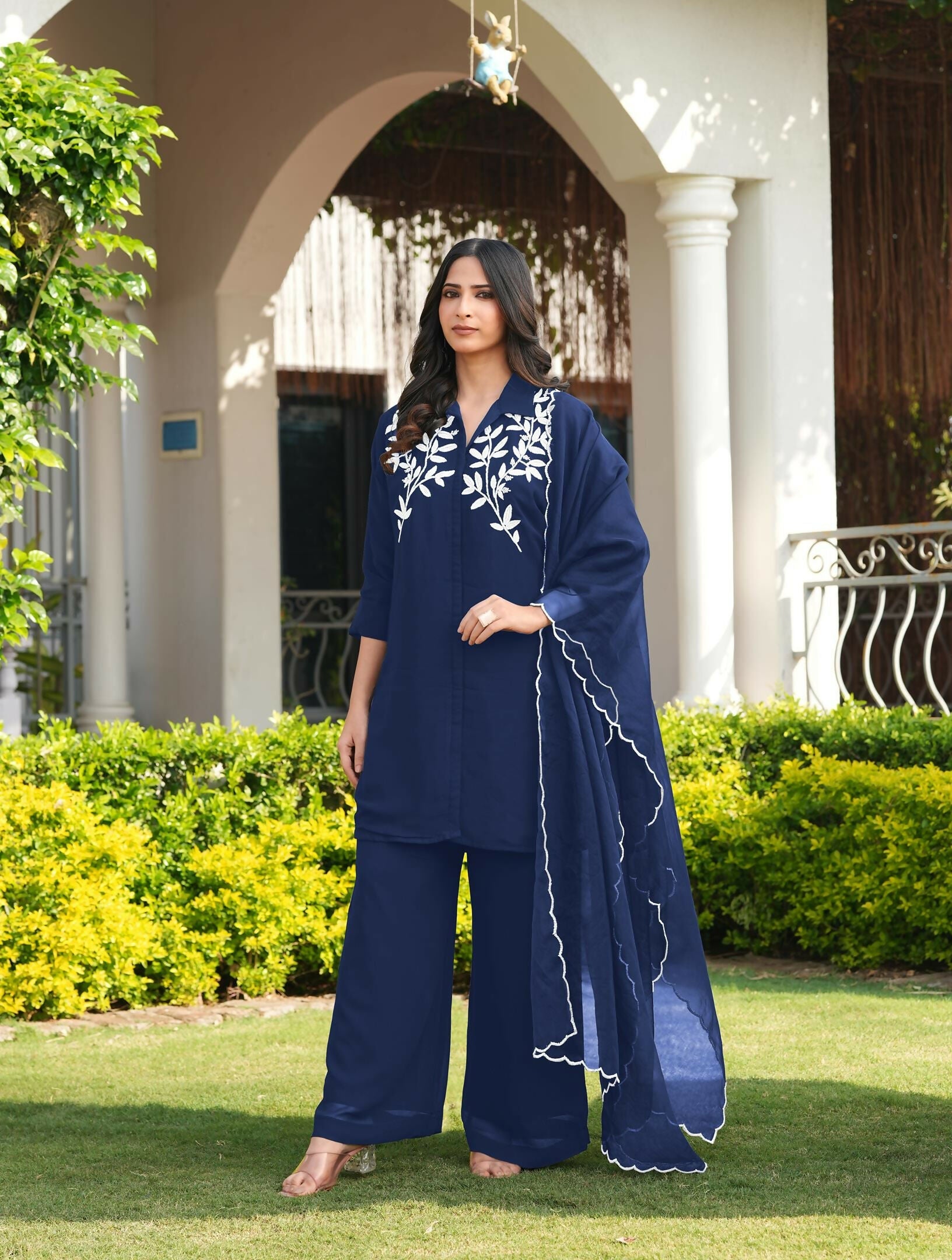 Nikhaar Navy Blue Embroidered Viscose Georgette Stitched Straight Cut Kurta Culottes Dupatta Readymade Suit | Grocsy