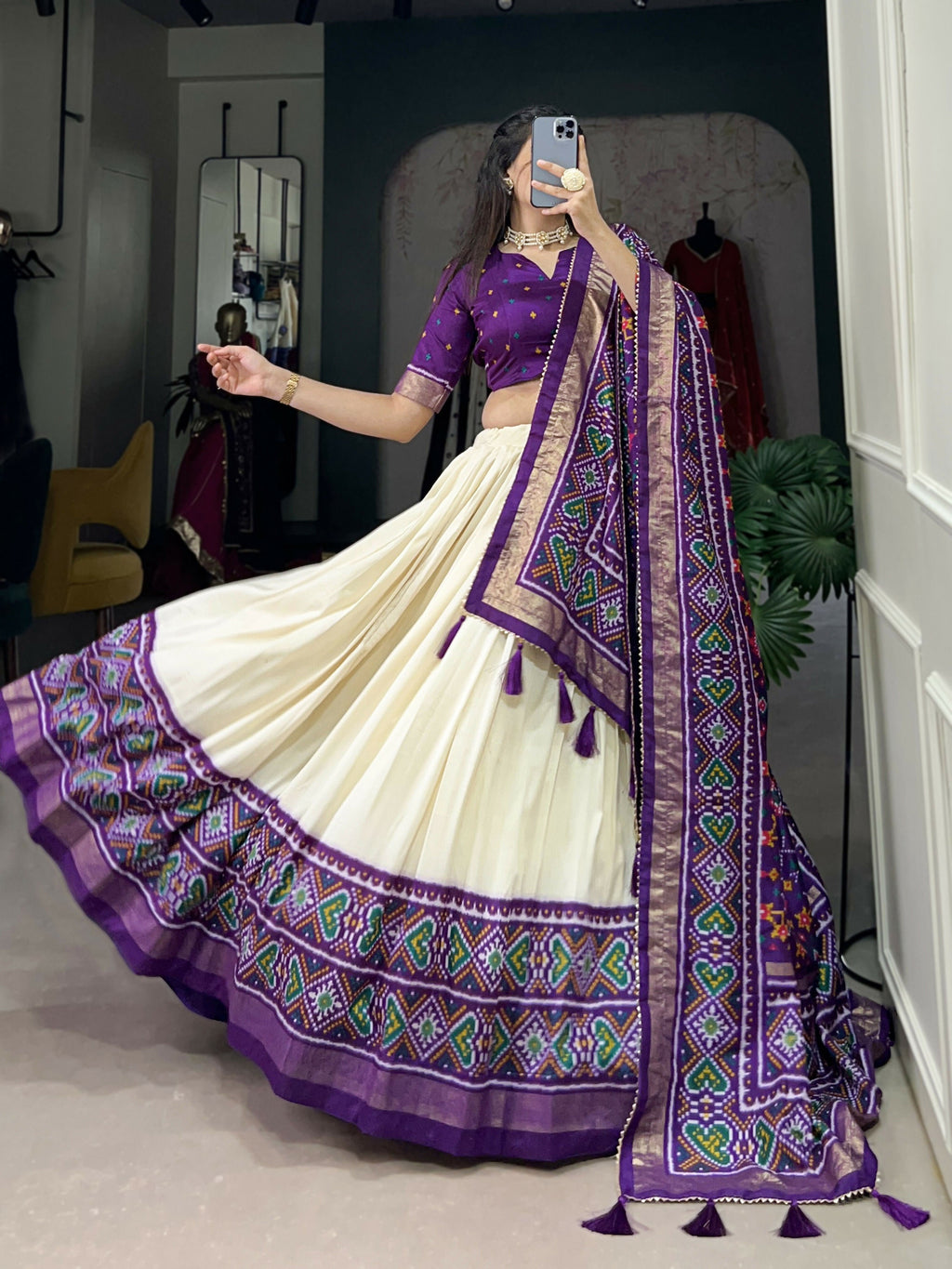 Lorenvalley Offwhite and Purple Tussar Silk Patola Print Lehenga Choli | Grocsy